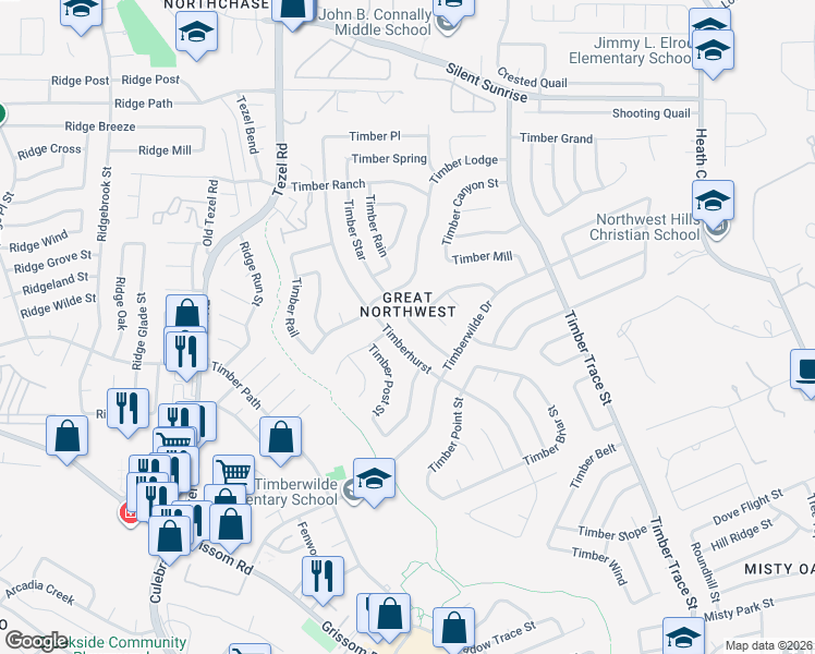 map of restaurants, bars, coffee shops, grocery stores, and more near 5430 Timberhurst in San Antonio