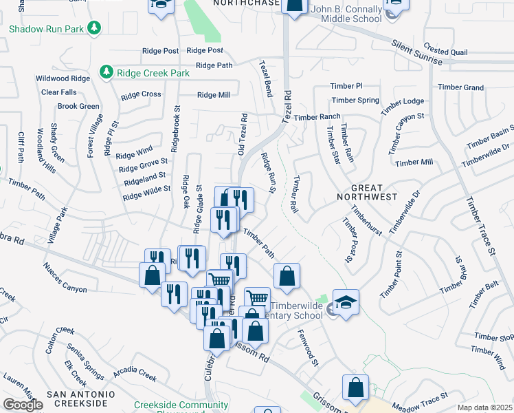 map of restaurants, bars, coffee shops, grocery stores, and more near 8806 Ridge Mountain Street in San Antonio