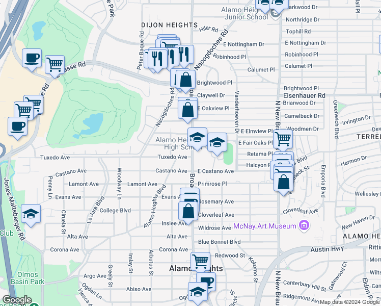 map of restaurants, bars, coffee shops, grocery stores, and more near 7001 Broadway Street in Alamo Heights