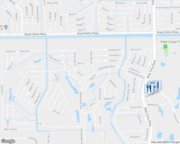 map of restaurants, bars, coffee shops, grocery stores, and more near 29 Eton Lane in Palm Coast