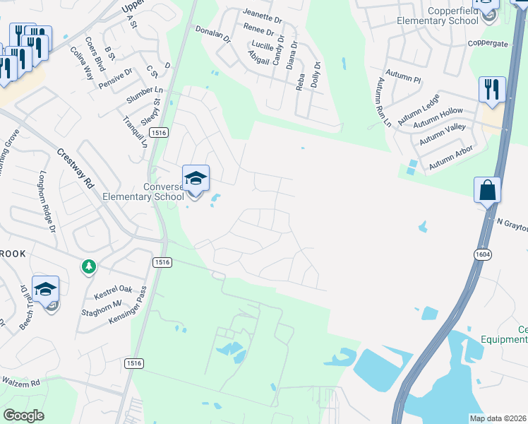 map of restaurants, bars, coffee shops, grocery stores, and more near 6534 Fm 1516 N in Converse