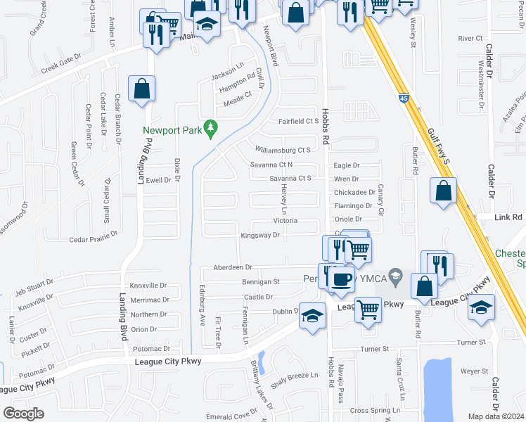 map of restaurants, bars, coffee shops, grocery stores, and more near 2111 Yorktown Court South in League City