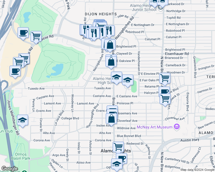 map of restaurants, bars, coffee shops, grocery stores, and more near 121 Tuxedo Avenue in San Antonio