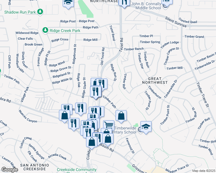 map of restaurants, bars, coffee shops, grocery stores, and more near 8806 Ridge Mountain Street in San Antonio