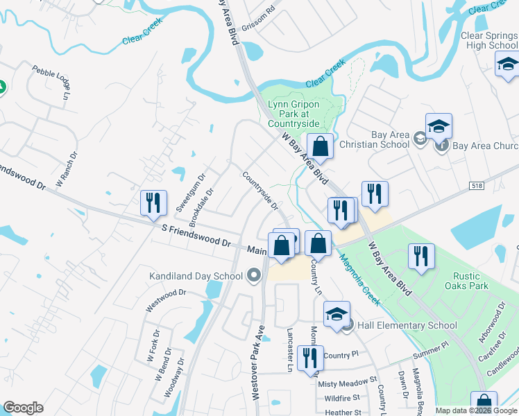 map of restaurants, bars, coffee shops, grocery stores, and more near 302 Maple Leaf Drive in League City