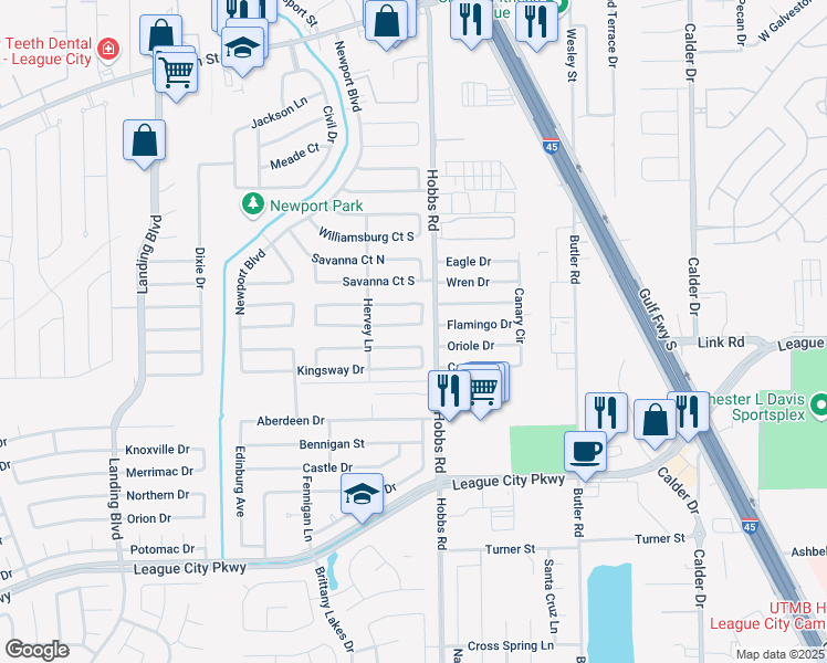 map of restaurants, bars, coffee shops, grocery stores, and more near 2003 Yorktown Court South in League City