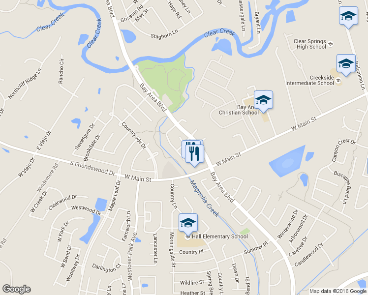 map of restaurants, bars, coffee shops, grocery stores, and more near 109 Misty Brook Lane in League City