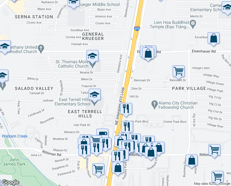 map of restaurants, bars, coffee shops, grocery stores, and more near 14 Glendora Avenue in San Antonio
