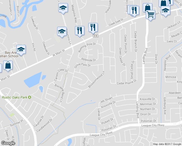 map of restaurants, bars, coffee shops, grocery stores, and more near 408 Gastonbury Court in League City