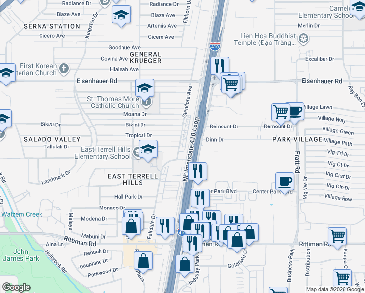 map of restaurants, bars, coffee shops, grocery stores, and more near 6810 Glendora Avenue in San Antonio