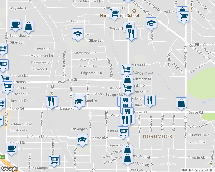 map of restaurants, bars, coffee shops, grocery stores, and more near 239 Hillwood Drive in San Antonio