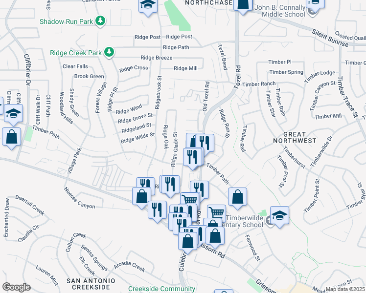 map of restaurants, bars, coffee shops, grocery stores, and more near 5311 Ashbury Drive in San Antonio