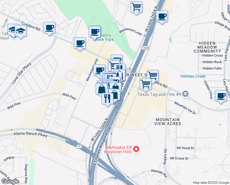 map of restaurants, bars, coffee shops, grocery stores, and more near 5539 N W Loop 1604 in San Antonio