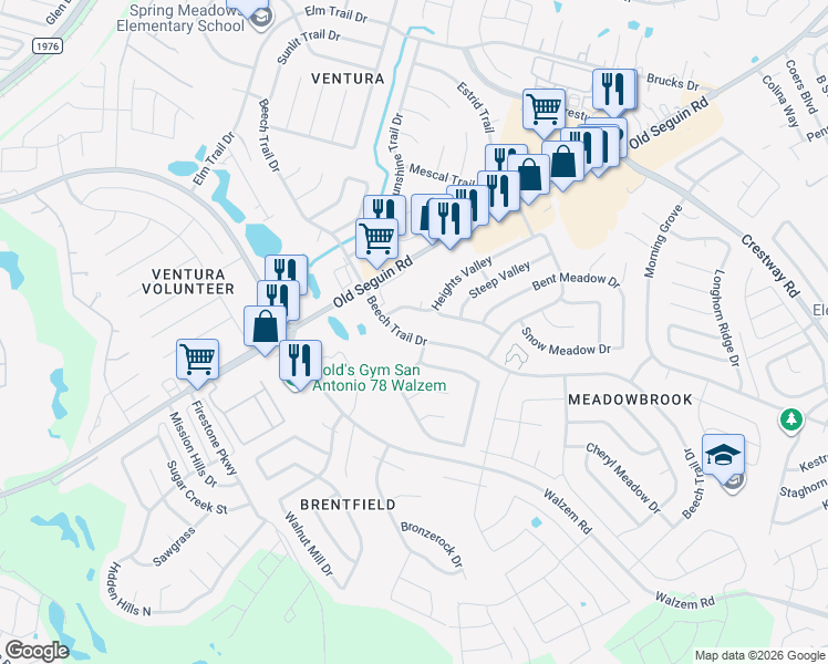 map of restaurants, bars, coffee shops, grocery stores, and more near 6711 Beech Trail Dr in Converse