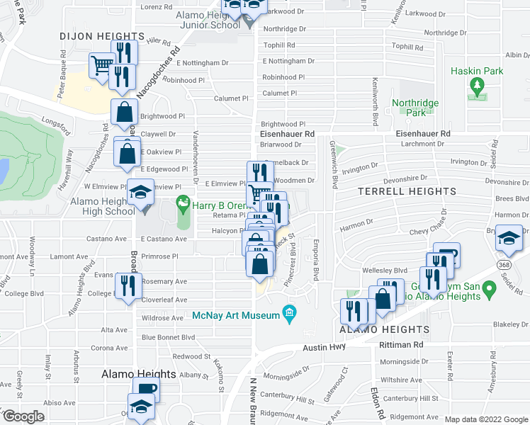 map of restaurants, bars, coffee shops, grocery stores, and more near 2222 Breezewood Drive in San Antonio