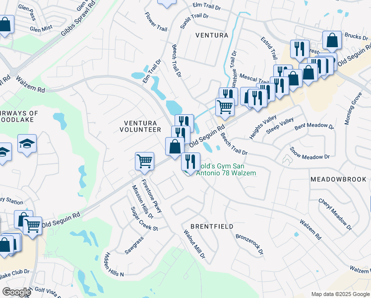 map of restaurants, bars, coffee shops, grocery stores, and more near 7821 Walzem Road in Converse