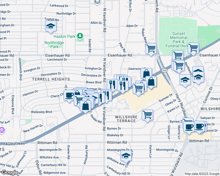 map of restaurants, bars, coffee shops, grocery stores, and more near 6700 North Vandiver Road in San Antonio
