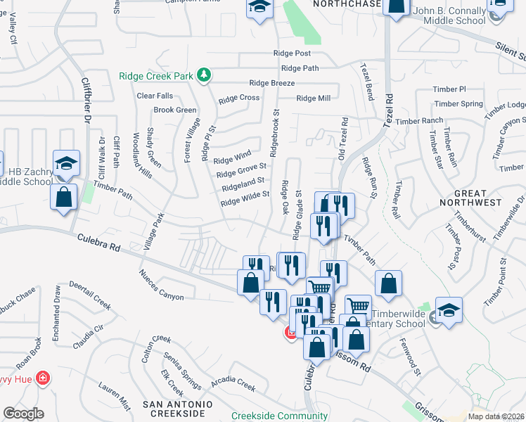 map of restaurants, bars, coffee shops, grocery stores, and more near 6214 Ridge Arbor St in San Antonio
