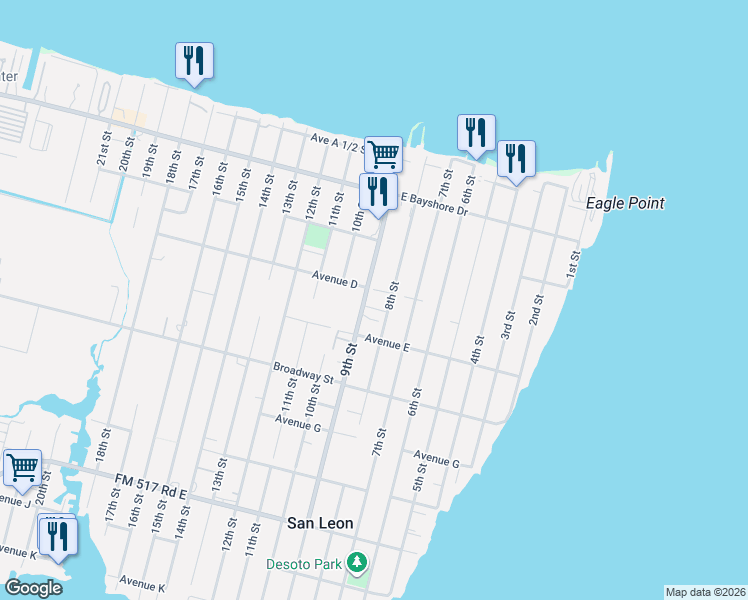map of restaurants, bars, coffee shops, grocery stores, and more near 417 9th Street in San Leon