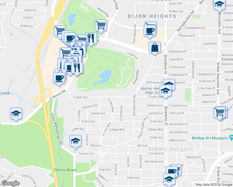 map of restaurants, bars, coffee shops, grocery stores, and more near 2 Chatsworth Way in San Antonio