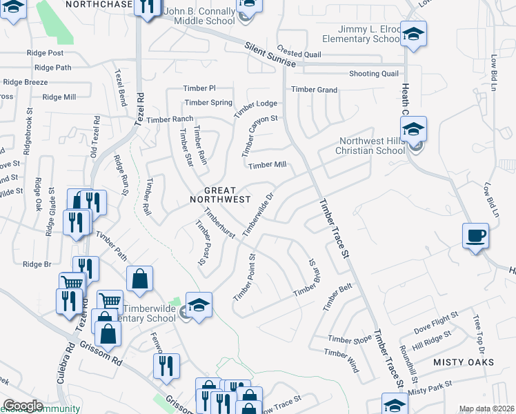map of restaurants, bars, coffee shops, grocery stores, and more near 8531 Timberwilde Street in San Antonio