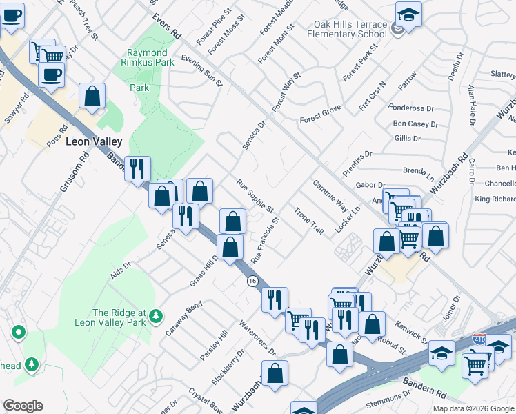 map of restaurants, bars, coffee shops, grocery stores, and more near 6114 Rue Sophie Street in San Antonio