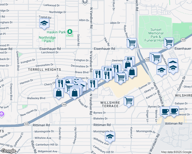 map of restaurants, bars, coffee shops, grocery stores, and more near 6700 North Vandiver Road in San Antonio