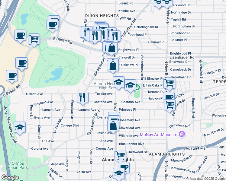 map of restaurants, bars, coffee shops, grocery stores, and more near 121 Tuxedo Avenue in San Antonio