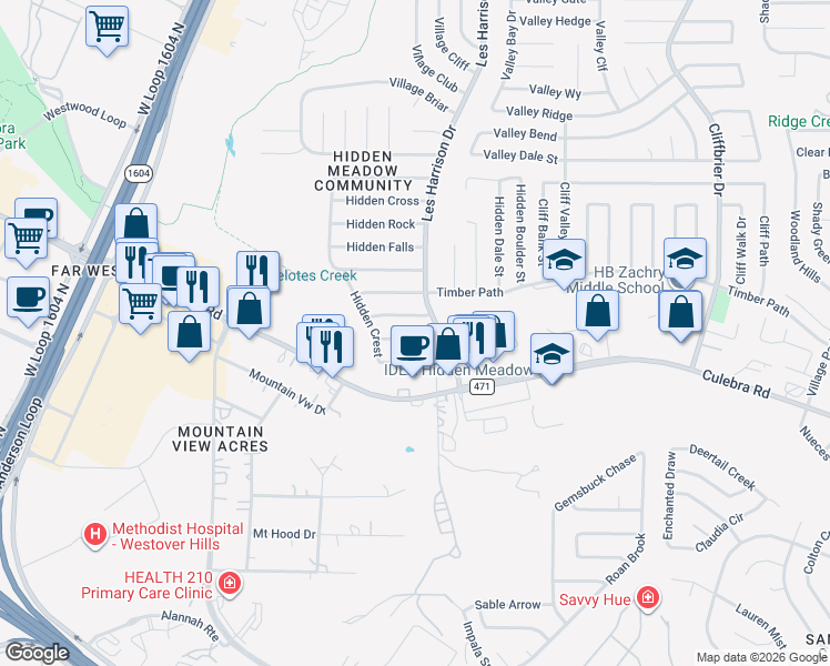 map of restaurants, bars, coffee shops, grocery stores, and more near 9723 Hidden Ledge in San Antonio