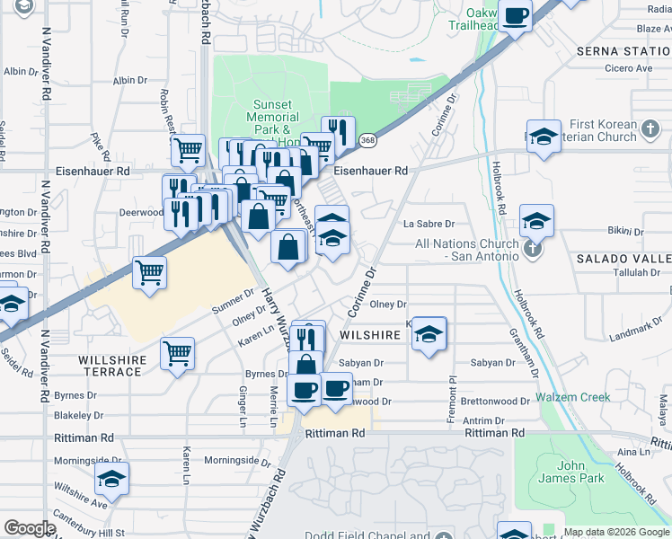map of restaurants, bars, coffee shops, grocery stores, and more near 6944 South Sunbelt Drive in San Antonio