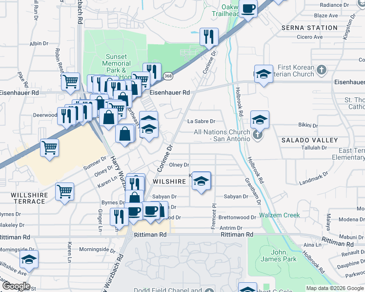 map of restaurants, bars, coffee shops, grocery stores, and more near 3614 Electra Drive in San Antonio
