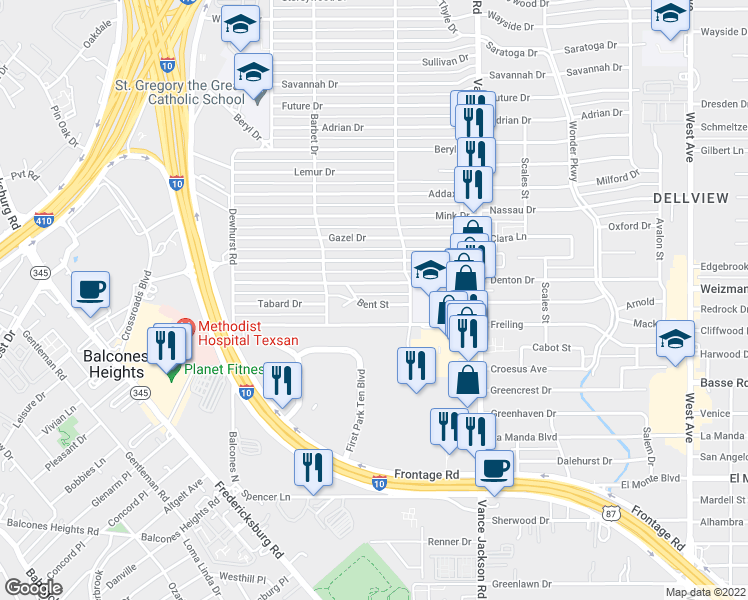 map of restaurants, bars, coffee shops, grocery stores, and more near 127 Bent Street in San Antonio