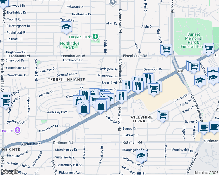 map of restaurants, bars, coffee shops, grocery stores, and more near 429 Harmon Drive in San Antonio