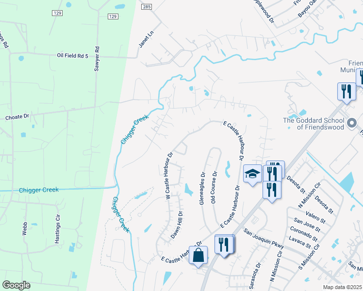 map of restaurants, bars, coffee shops, grocery stores, and more near 500 Desert Aire Drive in Friendswood