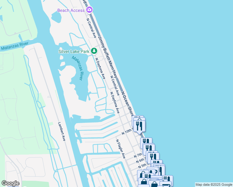 map of restaurants, bars, coffee shops, grocery stores, and more near 1335 North Central Avenue in Flagler Beach