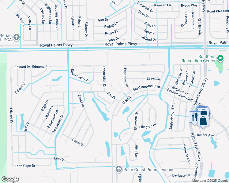 map of restaurants, bars, coffee shops, grocery stores, and more near 37 Eton Lane in Palm Coast
