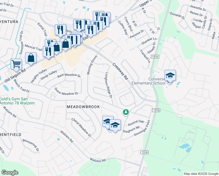 map of restaurants, bars, coffee shops, grocery stores, and more near 6877 Columbia Ridge Drive in Converse