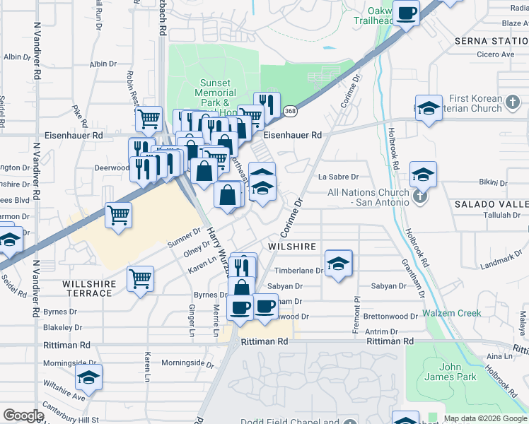 map of restaurants, bars, coffee shops, grocery stores, and more near 6944 South Sunbelt Drive in San Antonio