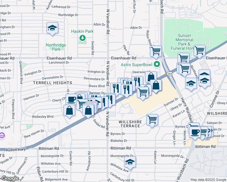 map of restaurants, bars, coffee shops, grocery stores, and more near 6700 North Vandiver Road in San Antonio