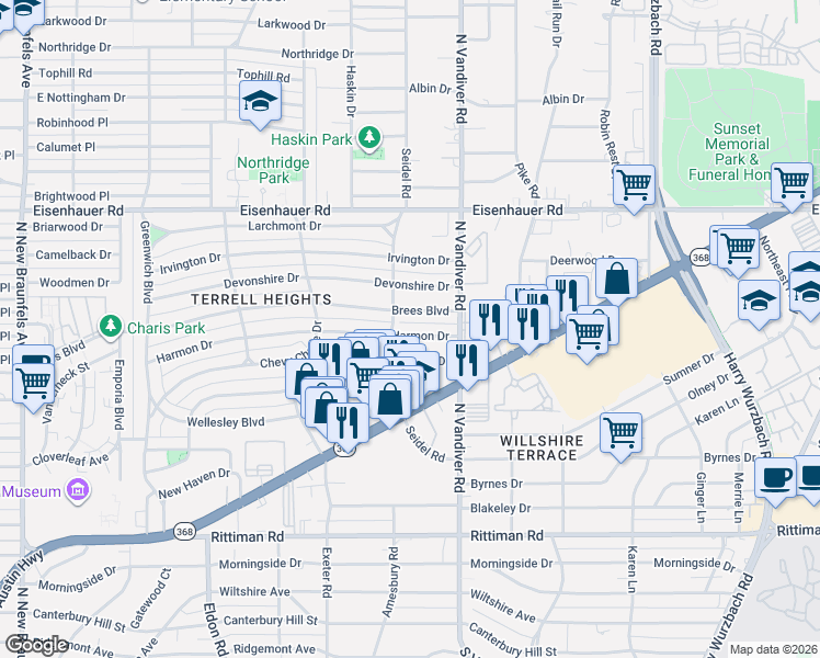 map of restaurants, bars, coffee shops, grocery stores, and more near 429 Harmon Drive in San Antonio