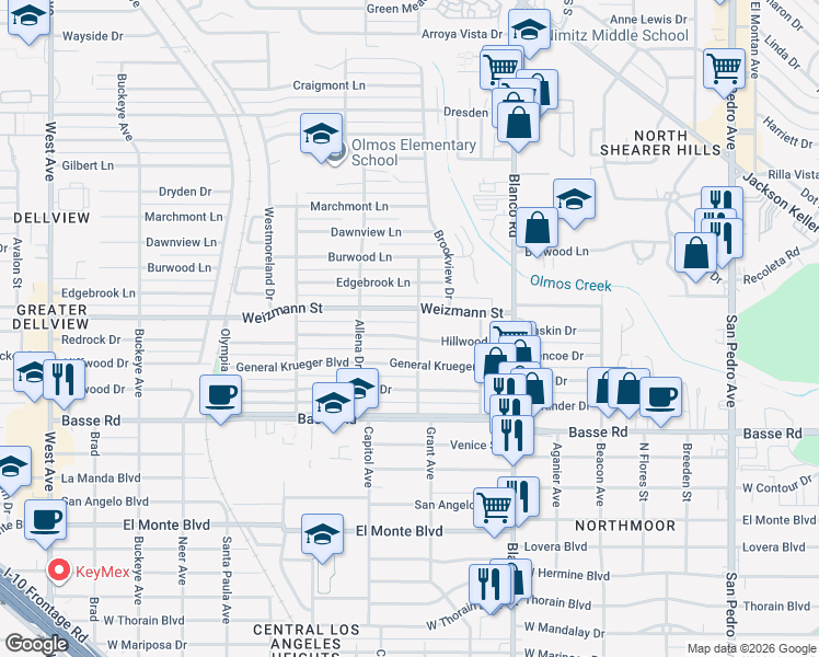 map of restaurants, bars, coffee shops, grocery stores, and more near 315 Hillwood Drive in San Antonio