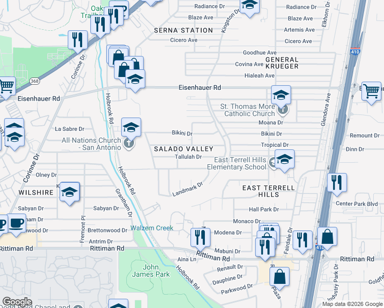map of restaurants, bars, coffee shops, grocery stores, and more near 4063 Tallulah Drive in San Antonio