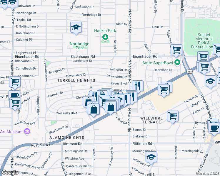 map of restaurants, bars, coffee shops, grocery stores, and more near 347 Harmon Drive in San Antonio