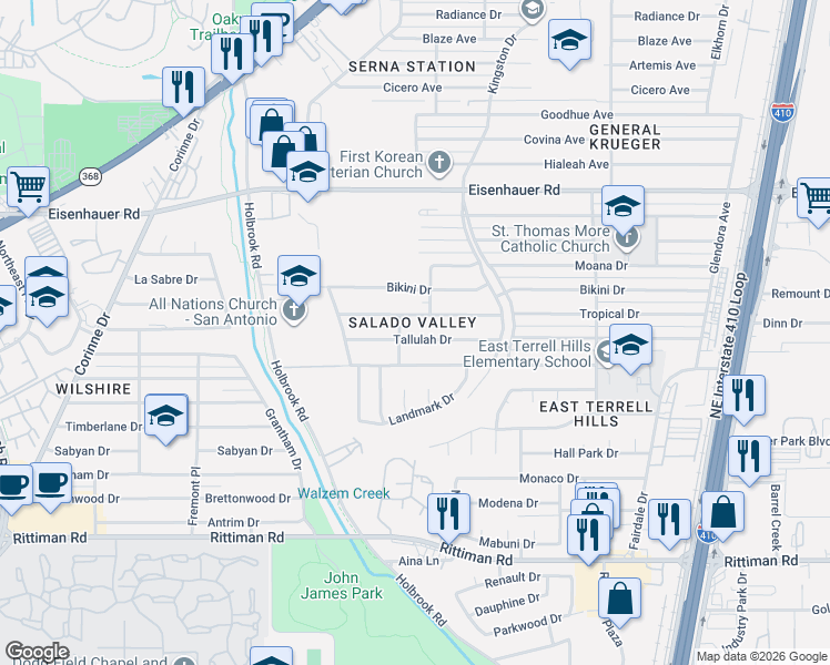 map of restaurants, bars, coffee shops, grocery stores, and more near 4063 Tallulah Drive in San Antonio