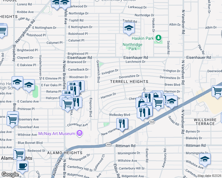 map of restaurants, bars, coffee shops, grocery stores, and more near 139 Harmon Drive in San Antonio