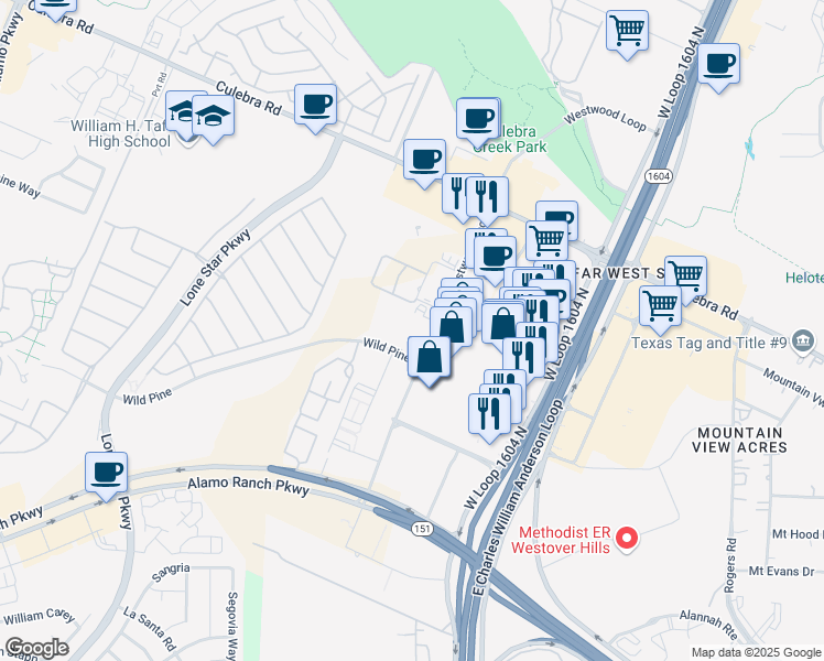 map of restaurants, bars, coffee shops, grocery stores, and more near 11153 Westwood Loop in San Antonio