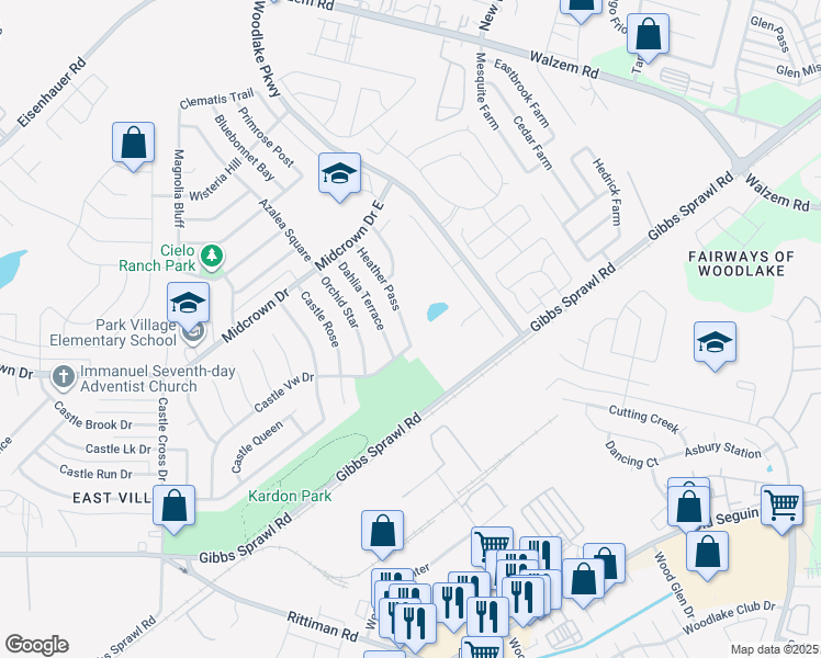 map of restaurants, bars, coffee shops, grocery stores, and more near 4811 Heather Pass in San Antonio