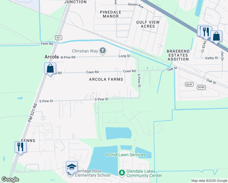 map of restaurants, bars, coffee shops, grocery stores, and more near 701 South Pine Street in Rosharon