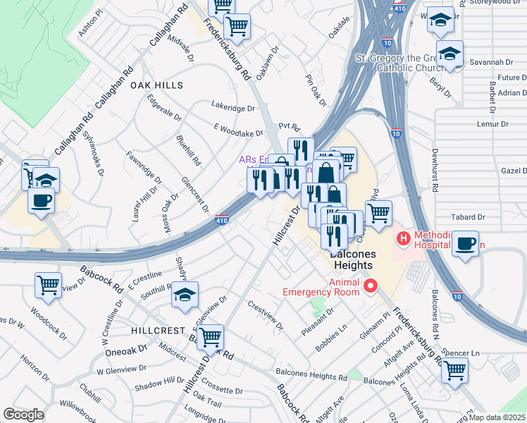 map of restaurants, bars, coffee shops, grocery stores, and more near 3782 Northwest Loop 410 in San Antonio