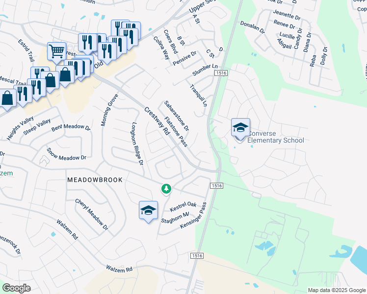 map of restaurants, bars, coffee shops, grocery stores, and more near 6623 Flatstone Pass in Converse